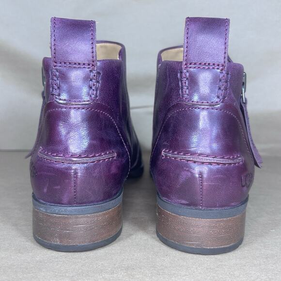 UGG Women Sz 8.5 Aureo Leather Zippered Ankle Bootie Almond Toe Burgundy Purple - Picture 4 of 10